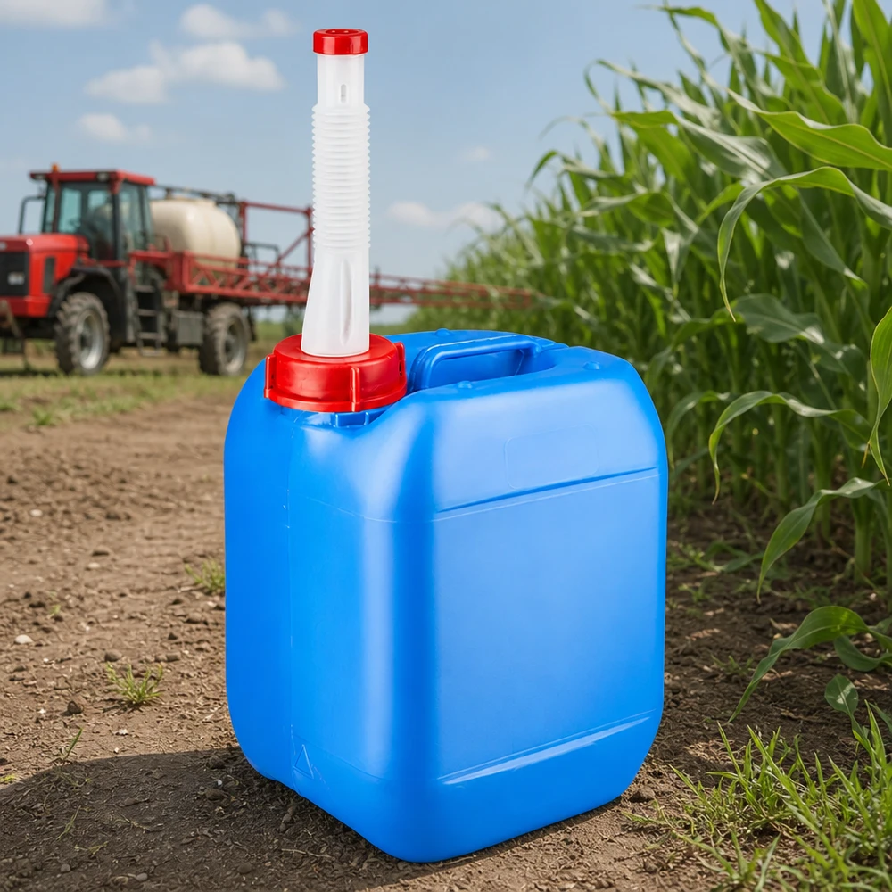 Kanister 5 Liter blau mit Auslaufrohr Flex Robuster Feldkanister 5L mit rotem Schraubdeckel und Flex-Ausgießer auf Ackergelände