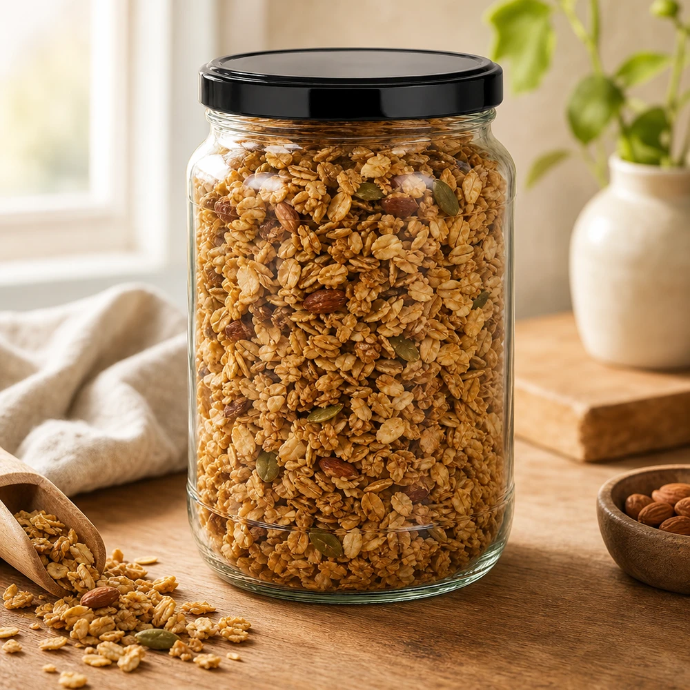 1700ml Rundglas mit BasicSeal Deckel schwarz UNiTWIST Müsli Granola in 1700ml Rundglas schwarzer BasicSeal Deckel Holzschaufel Nüsse Cerealien Vorratsaufbewahrung