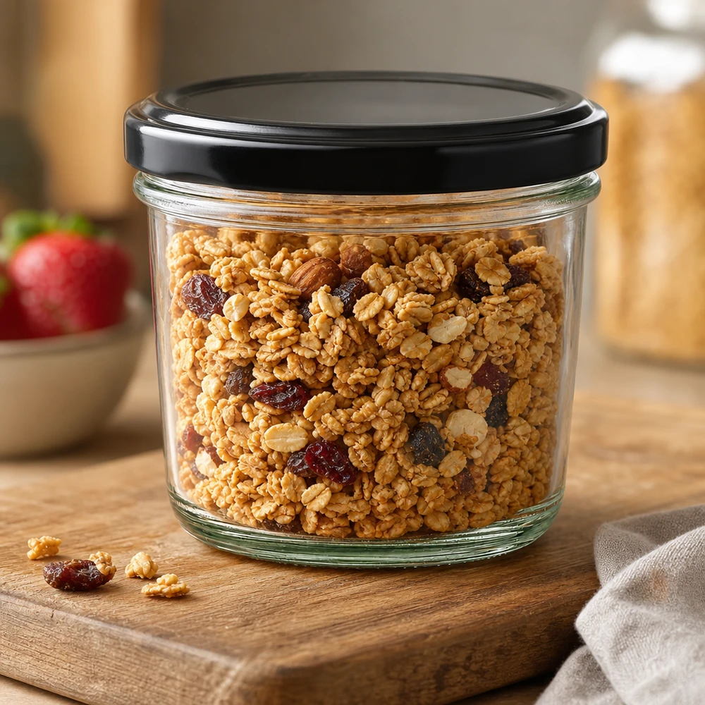 230ml Sturzglas gefüllt mit Müsli und Trockenfrüchten zeigt vielseitige Verwendung für Lebensmittelaufbewahrung