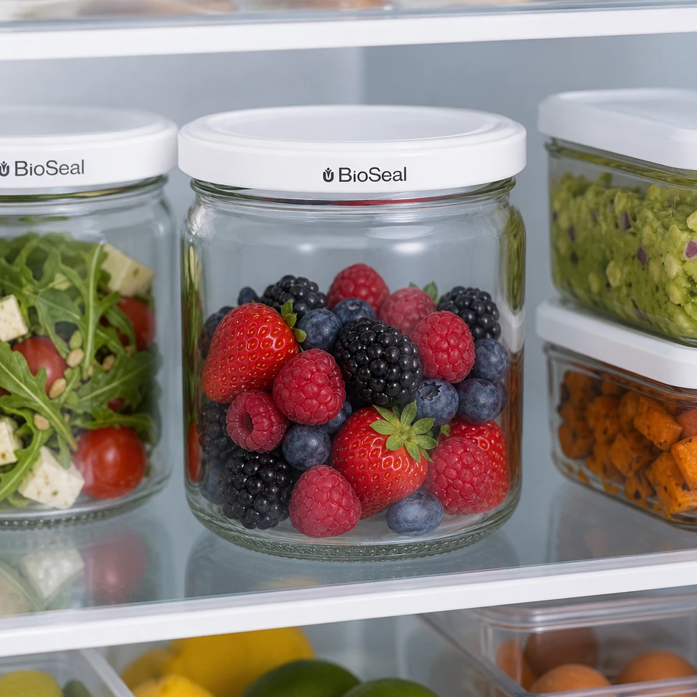 UNiTWIST Runda408 im Kühlschrank mit frischen Beeren gefüllt - optimale Frischhaltung von Obst mit BioSeal Deckel