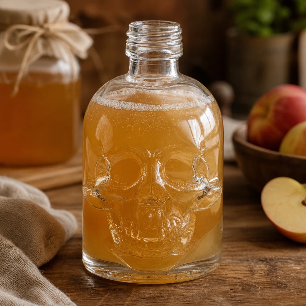 Totenkopf Glasflasche 50ml Hector gefüllt mit bernsteinfarbener Flüssigkeit auf rustikalem Holztisch mit Äpfeln