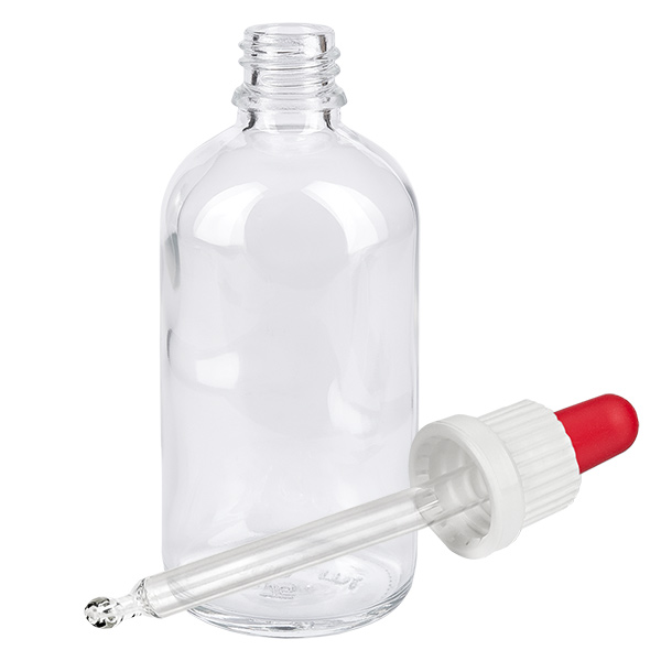 100ml Pipettenflasche weiß/rot Originalitätsverschluss ClearLine UT18/100 100ml Dosierflasche aus transparentem Glas mit weisser Tropfpipette und rotem Ball