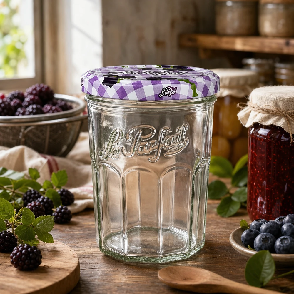 385ml Sturzglas "Jam" mit Schraubdeckel Le Parfait® Le Parfait Sturzglas 385ml in rustikaler Küche mit frischen Beeren und selbstgemachter Marmelade dekoriert