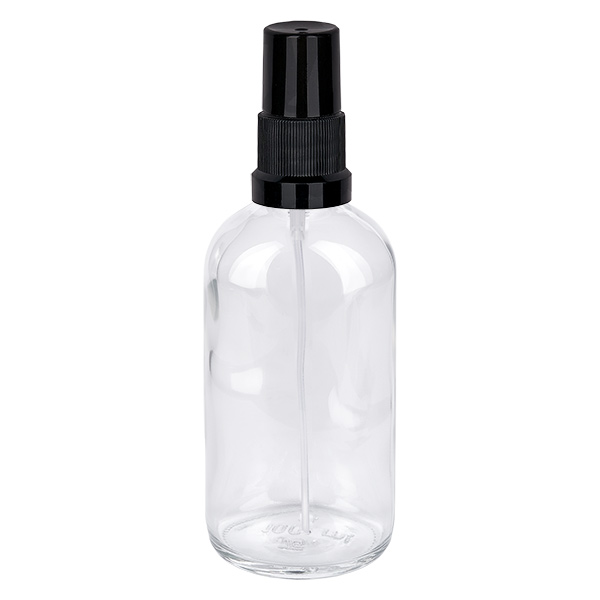 100ml Sprayflasche schwarz Standardverschluss ClearLine UT18/100 Kompakte 100ml Glasflasche mit schwarzem Feinzerstäuber für Flüssigkeiten