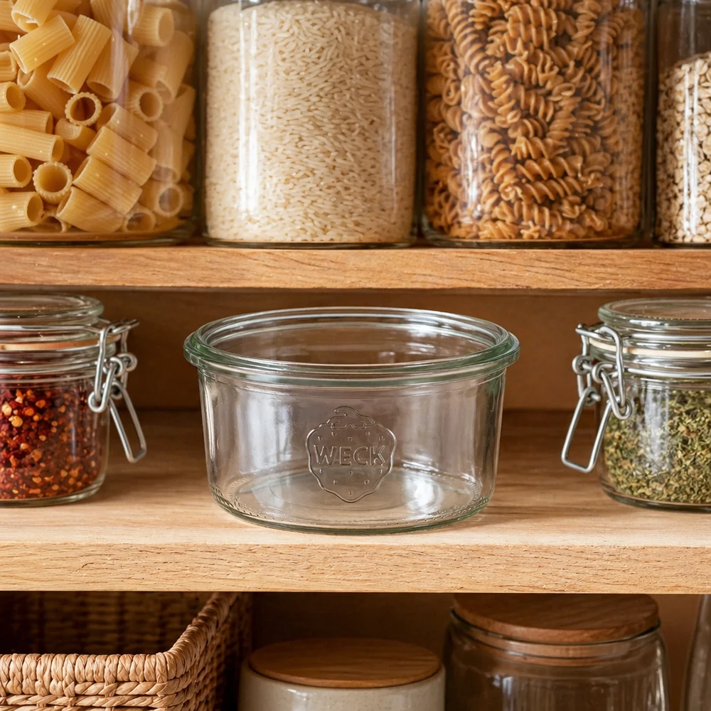 165ml Sturzglas WECK RR80 WECK Sturzglas 165ml RR80 in Pantry mit Pasta und Gewürzen - Glasvorratsdose für Küche und Haushalt