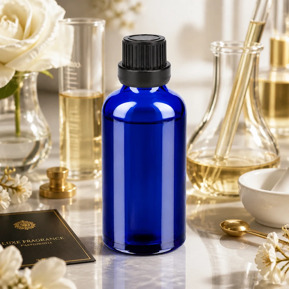 Handliche 50ml Braunglasflasche Alternative in Blau mit schwarzem OV für DIY Mischungen