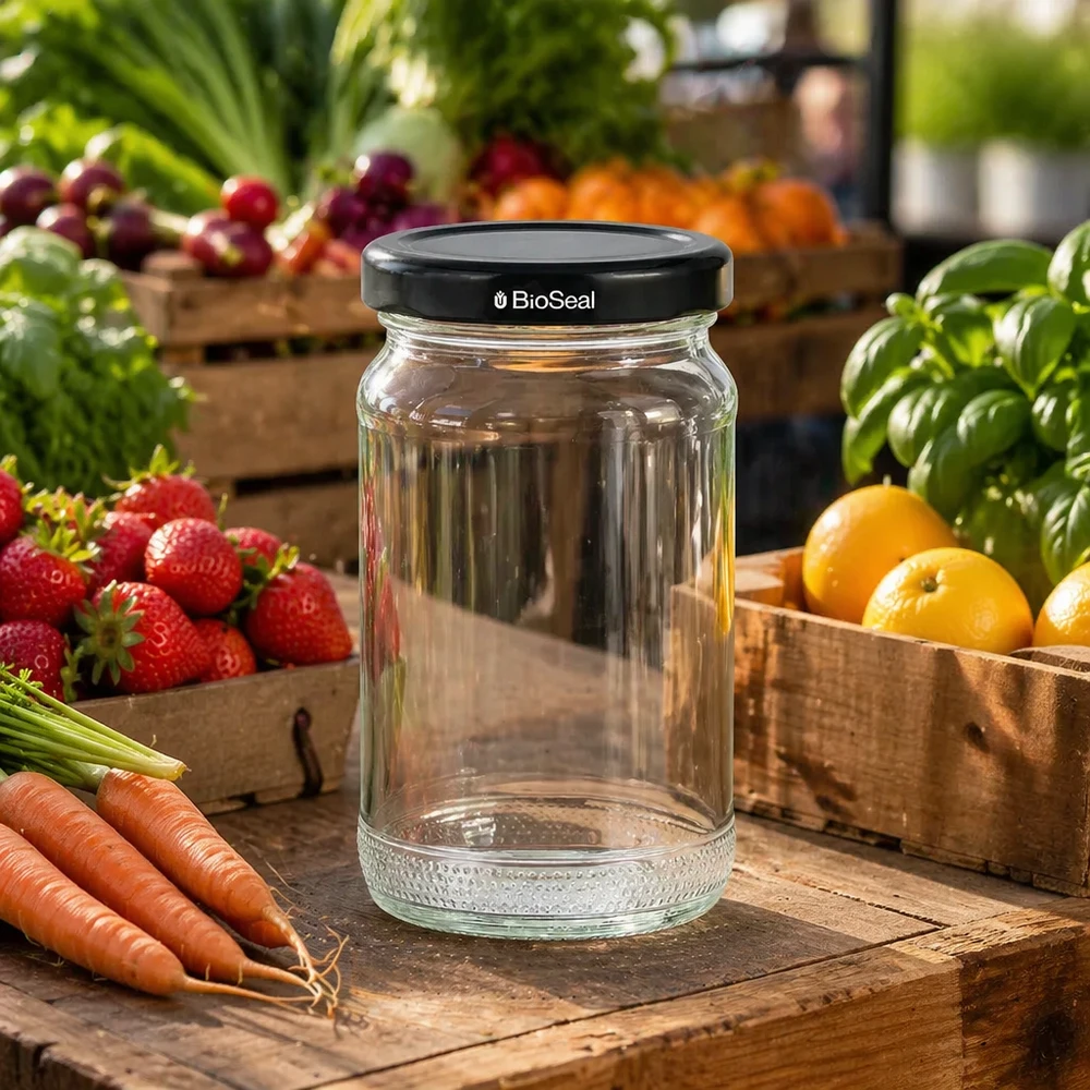 110ml Rundglas + BioSeal Deckel schwarz UNiTWIST UNiTWIST Runda110 leeres Einmachglas mit schwarzem TO48 BioSeal Deckel umgeben von frischem Obst und Gemüse