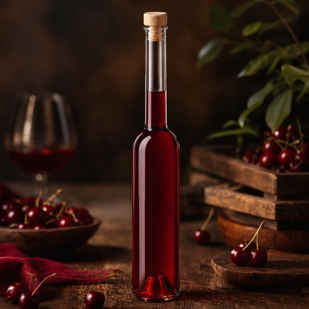 100ml Glasflasche Hugo mit rotem Kirschlikör gefüllt in gemütlicher Weinambiente mit frischen Kirschen und Holzdeko