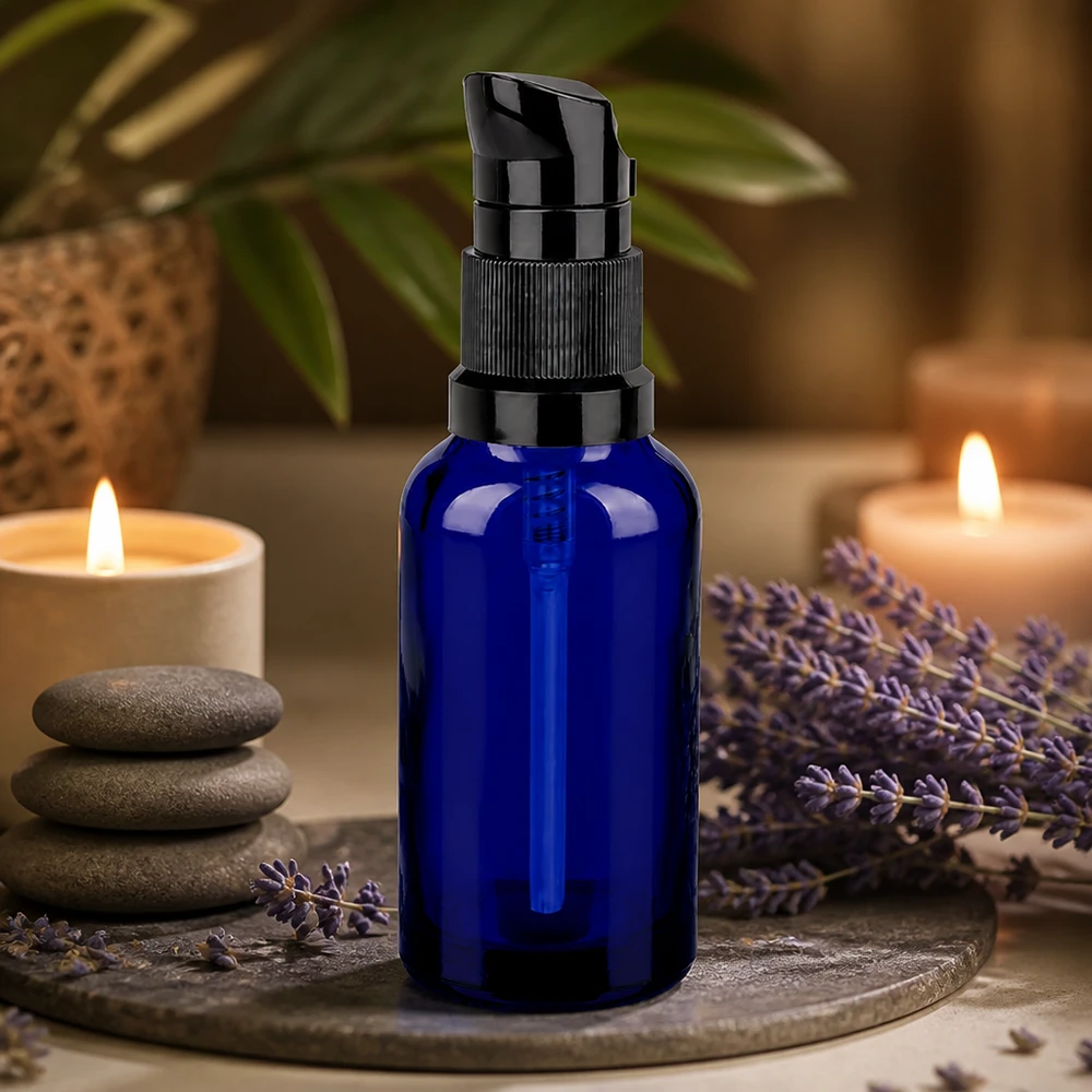 30ml Pumpflasche schwarz Standardverschluss BlueLine UT18/30 Dekorative 30ml Glasflasche mit schwarzem Pump ideal für handgemachte Kosmetikprodukte