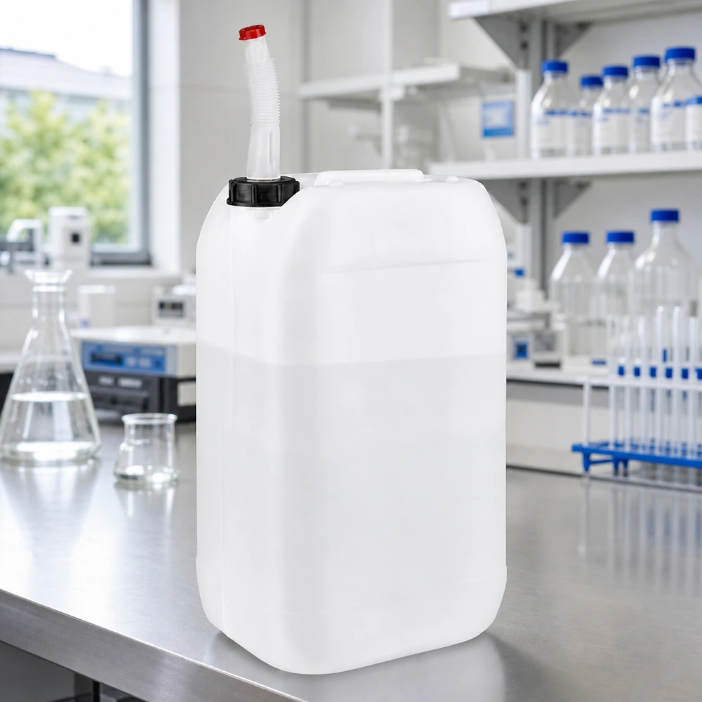 Kanister 15 Liter mit Auslaufrohr Flex Robuster 15 Liter Kanister mit biegsamem Ausgießer und rotem Verschlussstopfen im Labor