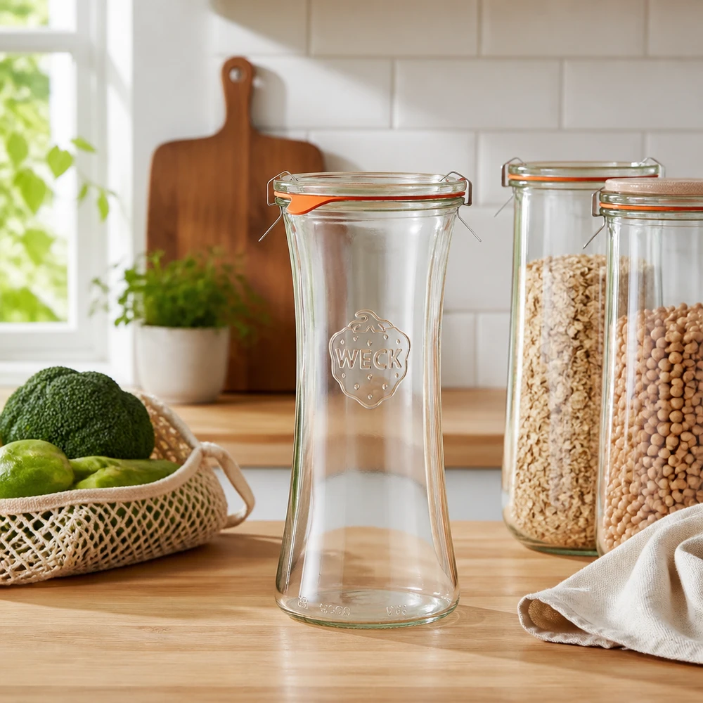700ml Delikatessenglas komplett WECK RR80 WECK RR80 Delikatessenglas 700ml leer auf Holztheke in heller Küche mit Avocado, Limetten und Vorratsgläsern