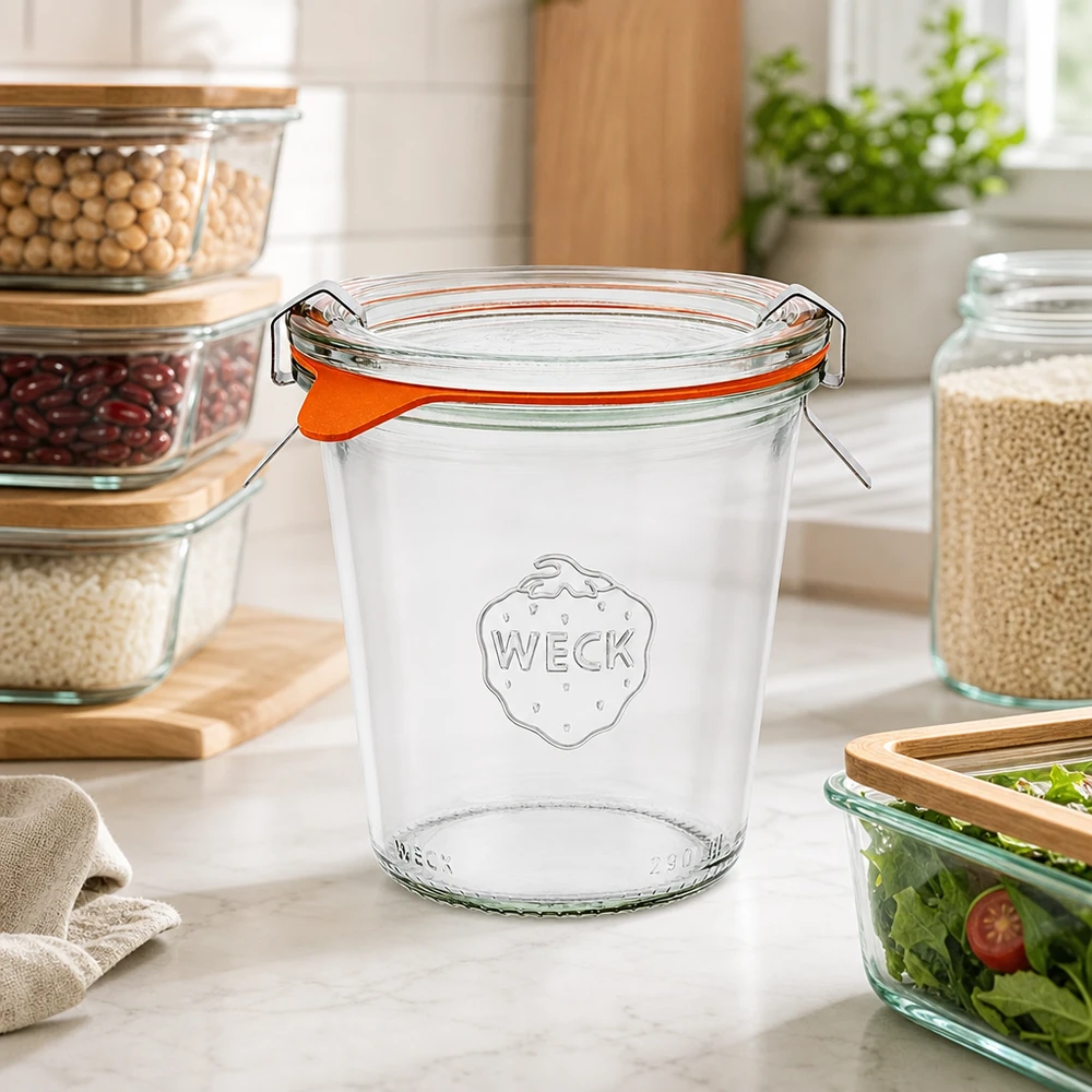 WECK Einmachglas 290ml RR80 mit orangem Gummiring und Bügelverschluss in moderner Küche mit Vorratsgläsern
