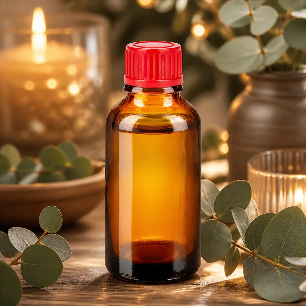Stilvolle 30ml Flasche in warmer Bernsteinoptik mit auffälligem roten Verschlusssystem