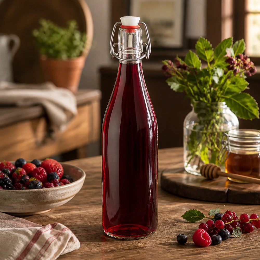 500ml Glasflasche Bügelverschluss mit rotem Beerensaft auf Holztisch neben frischen Beeren und Honig in Küche
