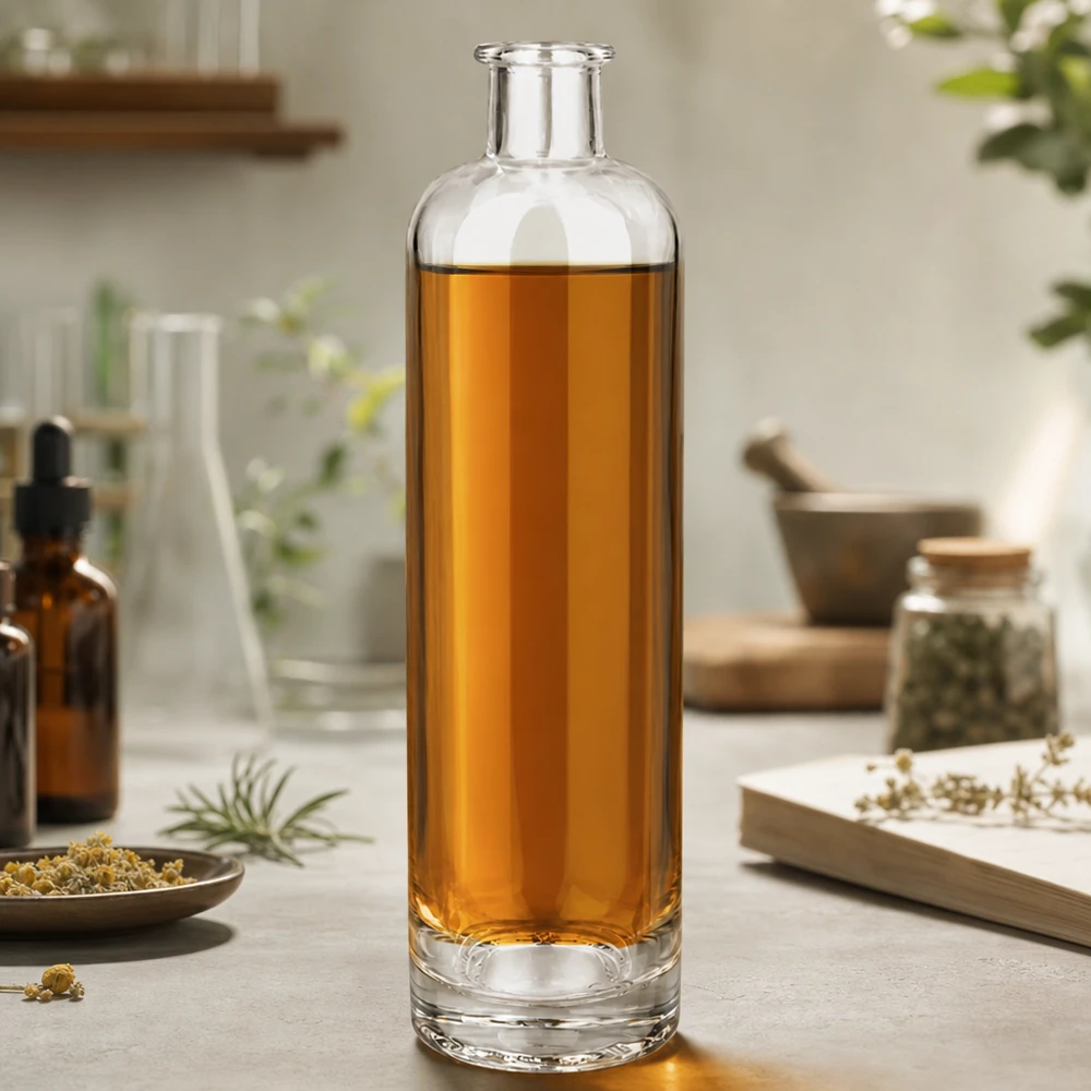 500ml Glasflasche "Ella" ohne Verschluss UNiTWIST 500ml Glasflasche Ella UNiTWIST mit Kamillentee gefüllt umgeben von Kräutern und Naturprodukten Lifestyle-Szene