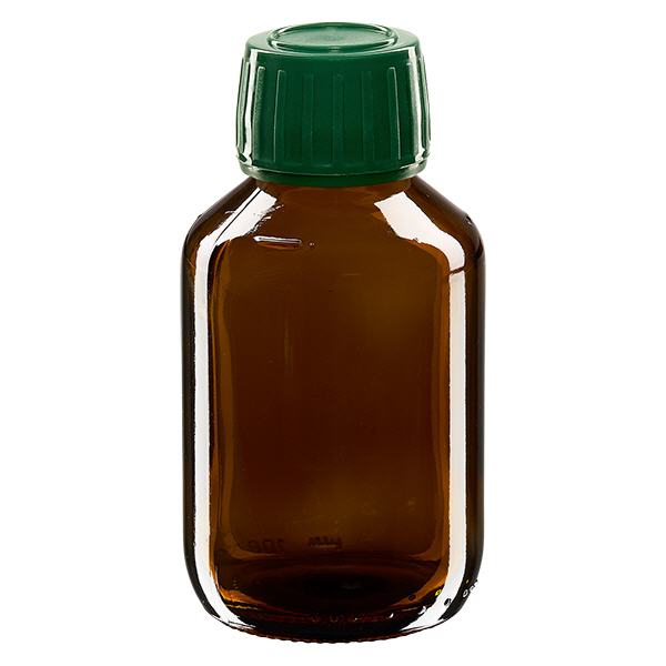 100ml Medizinflasche braun, Verschluss grün mit Originalitätsring ApoGlas 100ml Medizinflasche braun, Verschluss grün mit Originalitätsring ApoGlas