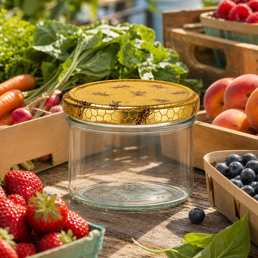 300g Honigglas leer mit Bienenwaben-Deckel zwischen frischem Obst und Gemüse auf Marktstand als Vorratsglas