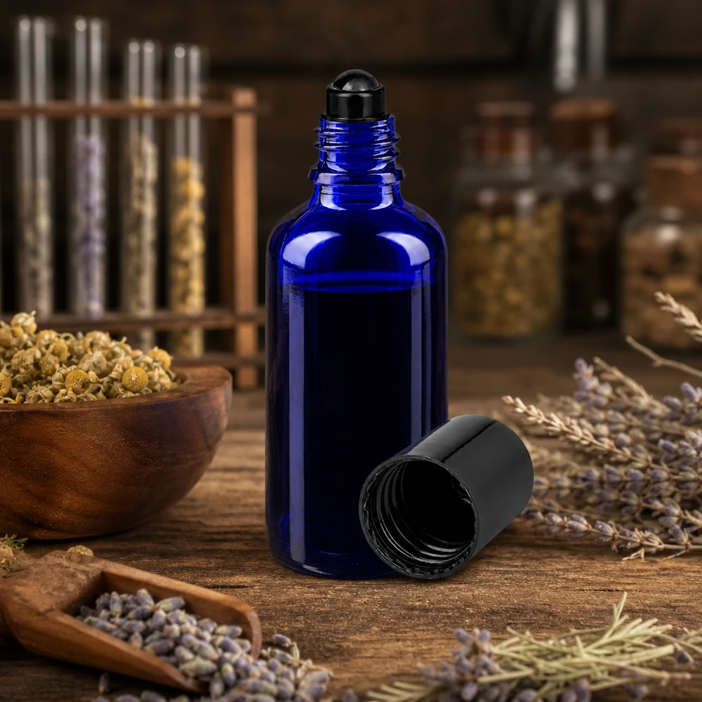 Apothekenflasche blau 50ml Roll-On Verschluss schwarz 50ml blaue Roll-On Flasche aus UV-Schutzglas mit Kräuterdeko für Naturkosmetik und Aromatherapie