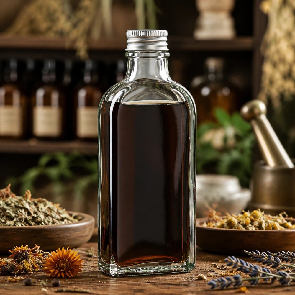 100 ml Meplatflasche klar DIN22 Transparente Meplatflasche 100 ml DIN22 mit Kräuterdekoration in apothekentypischer Umgebung