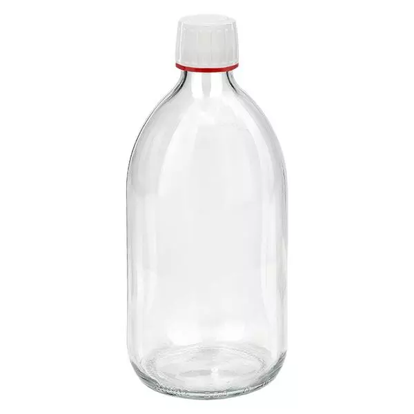 500ml Medizinflasche klar, Verschluss weiß mit Originalitätsring rot ApoGlas