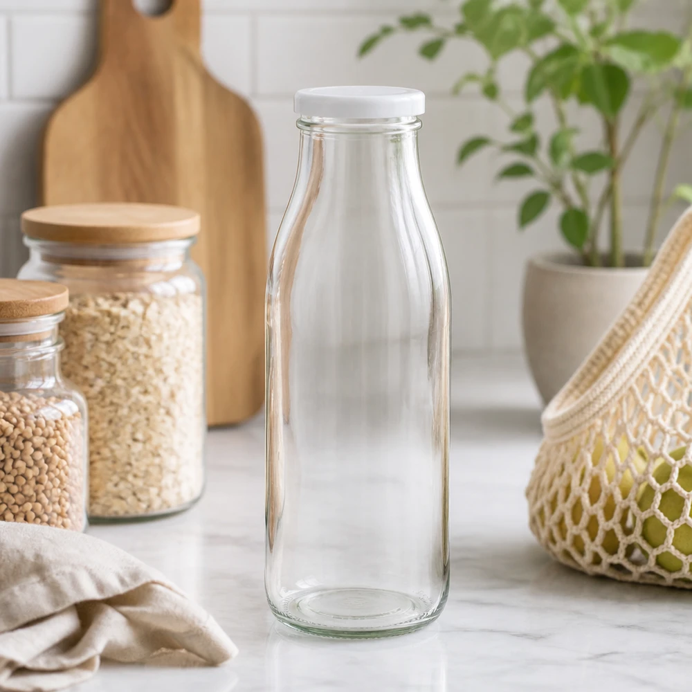 500ml Glasflasche + BasicSeal Deckel weiß UNiTWIST 500ml Glasflasche leer in natürlicher Küchenumgebung mit Vorratsgläsern und Pflanzen Lifestyle-Aufnahme