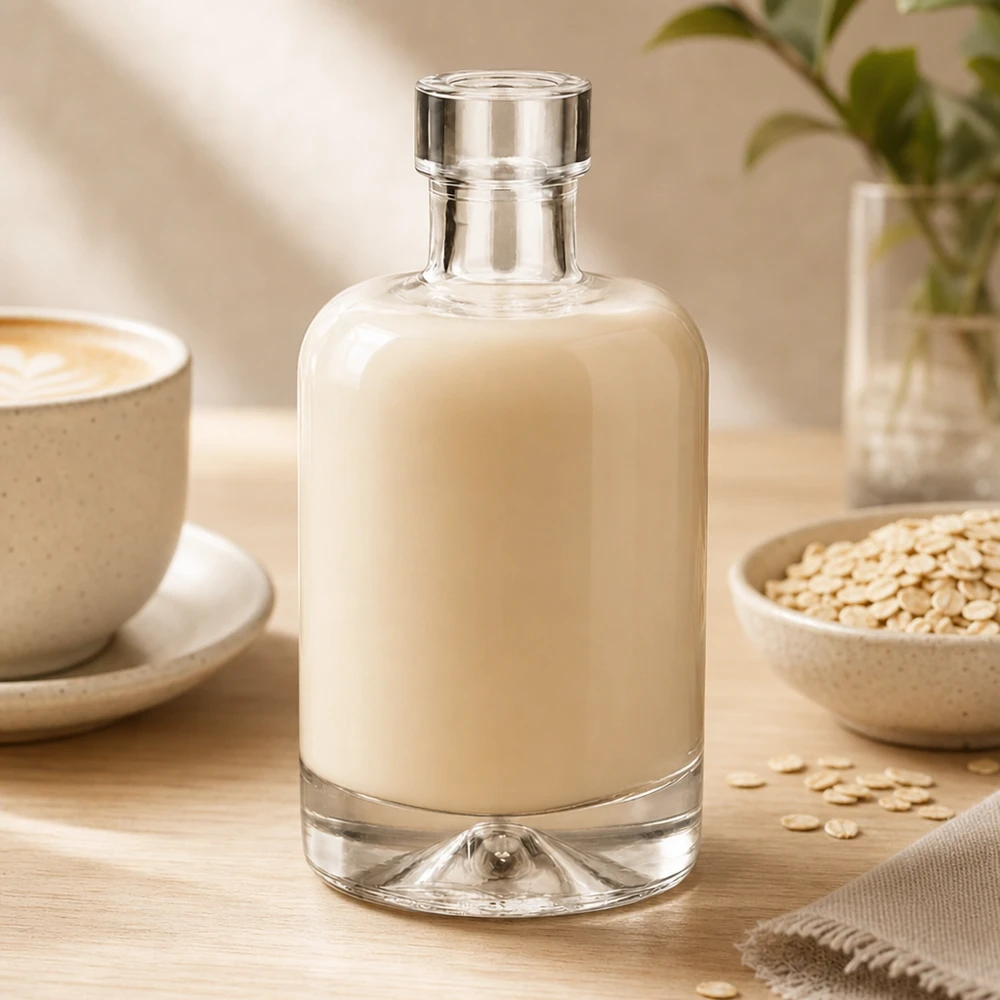 50ml Glasflasche "Attila" ohne Verschluss UNiTWIST® 50ml Glasflasche Amelie gefüllt mit Hafermilch umgeben von Haferflocken zeigt Verwendung für pflanzliche Milchalternativ