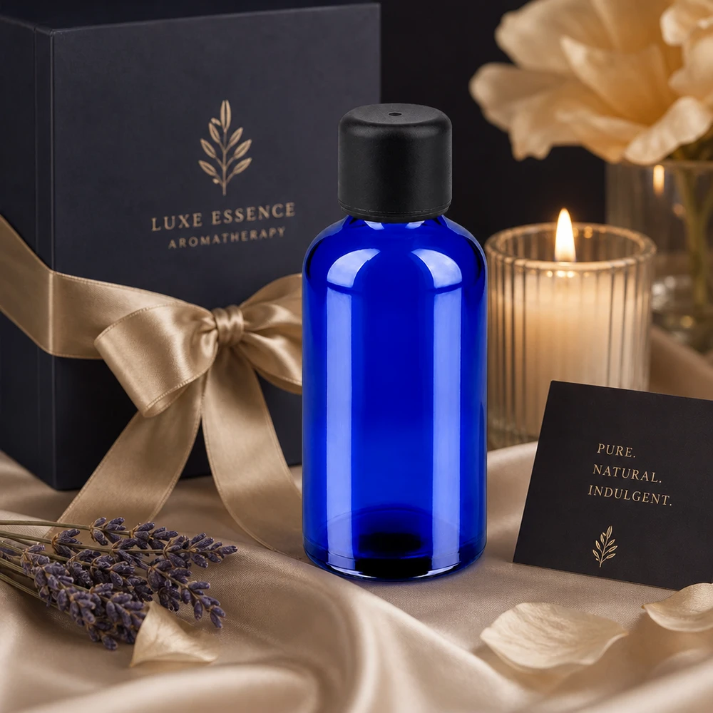 Stilvolle 50ml Glasflasche in tiefem Blau mit elegantem schwarzem Deckel für Luxus Kosmetik
