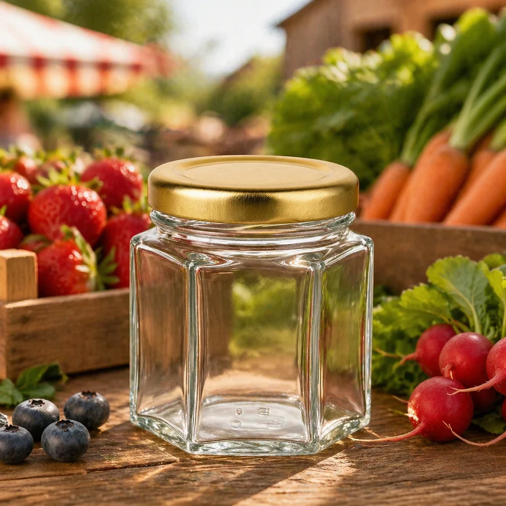 60g Honigglas hexagonal leer auf Holztisch zwischen frischen Marktgemüse Erdbeeren Karotten und Radieschen