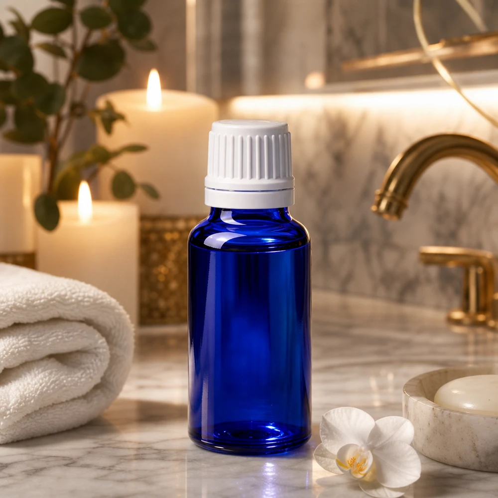 Apothekenflasche blau 20ml Tropfverschluss 1.2mm weiß Originalitätsverschluss 20ml blaue Flasche aus Apothekerglas mit präzisem 0,7mm Tropfer für Aromatherapie