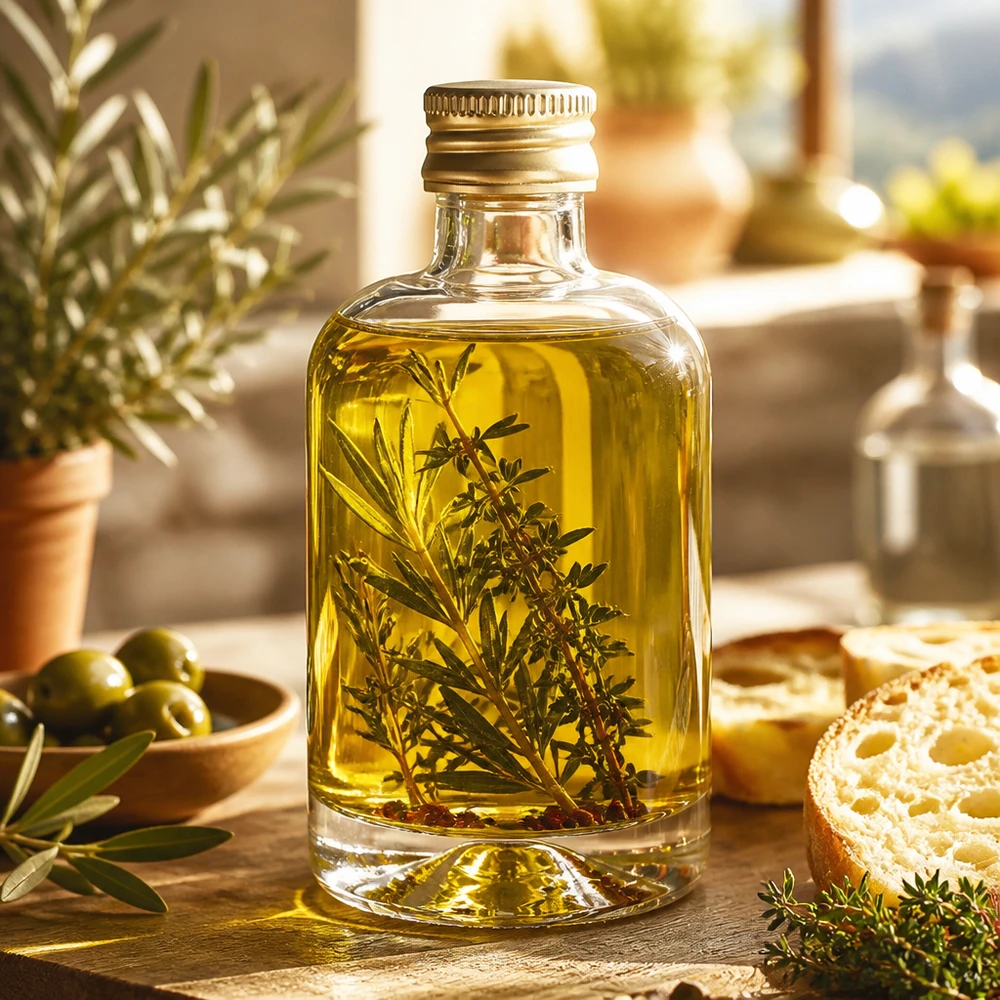 40ml Glasflasche Sara mit Kräuteröl und Rosmarinzweigen - goldener UNiTWIST Verschluss in mediterraner Küche