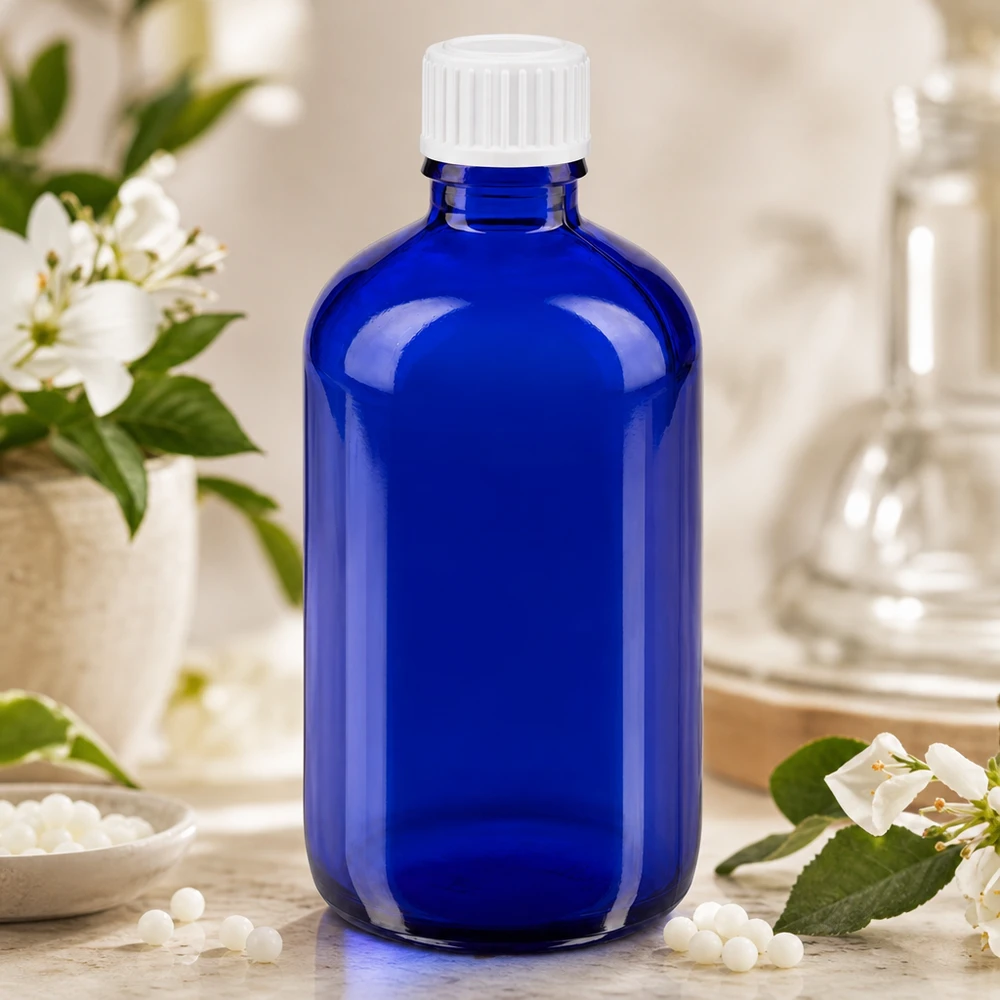 Rundflasche 100ml Blauglas mit weißem Kunststoffdeckel zwischen frischen Blüten und Globuli