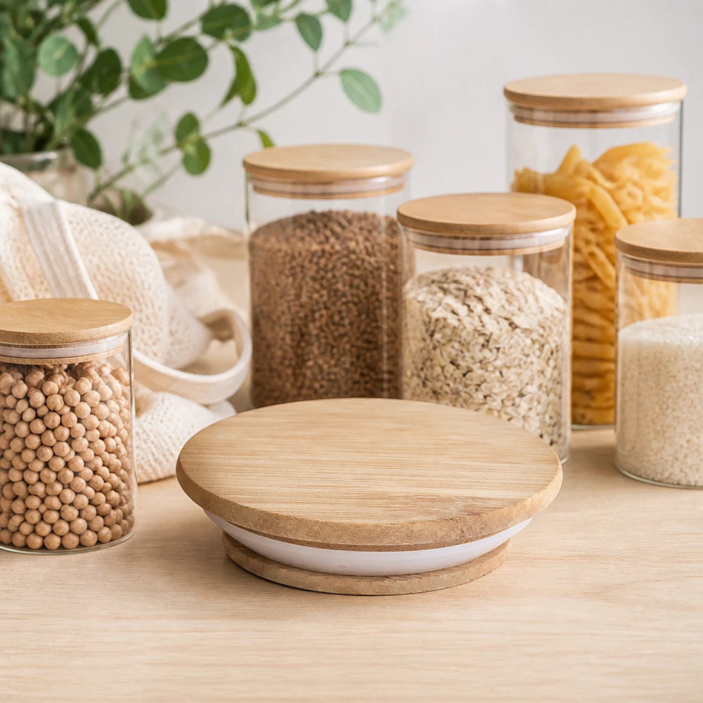 Holzdeckel (Buche) unbedruckt für WECK RR100 Moderne Küche Vorratsgläser mit WECK RR100 Holzdeckel Version A Aufbewahrung Getreide Pasta Hülsenfrüchte skandinavisch