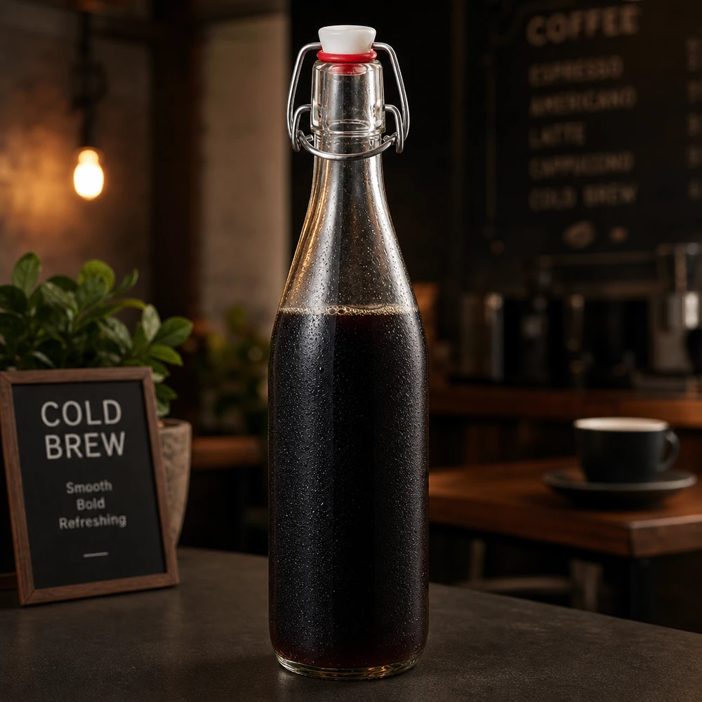 500ml Glasflasche und Bügelverschluss Porzellan UNiTWIST 500ml Glasflasche Bügelverschluss mit Cold Brew Kaffee gefüllt in Café-Atmosphäre neben Werbetafel