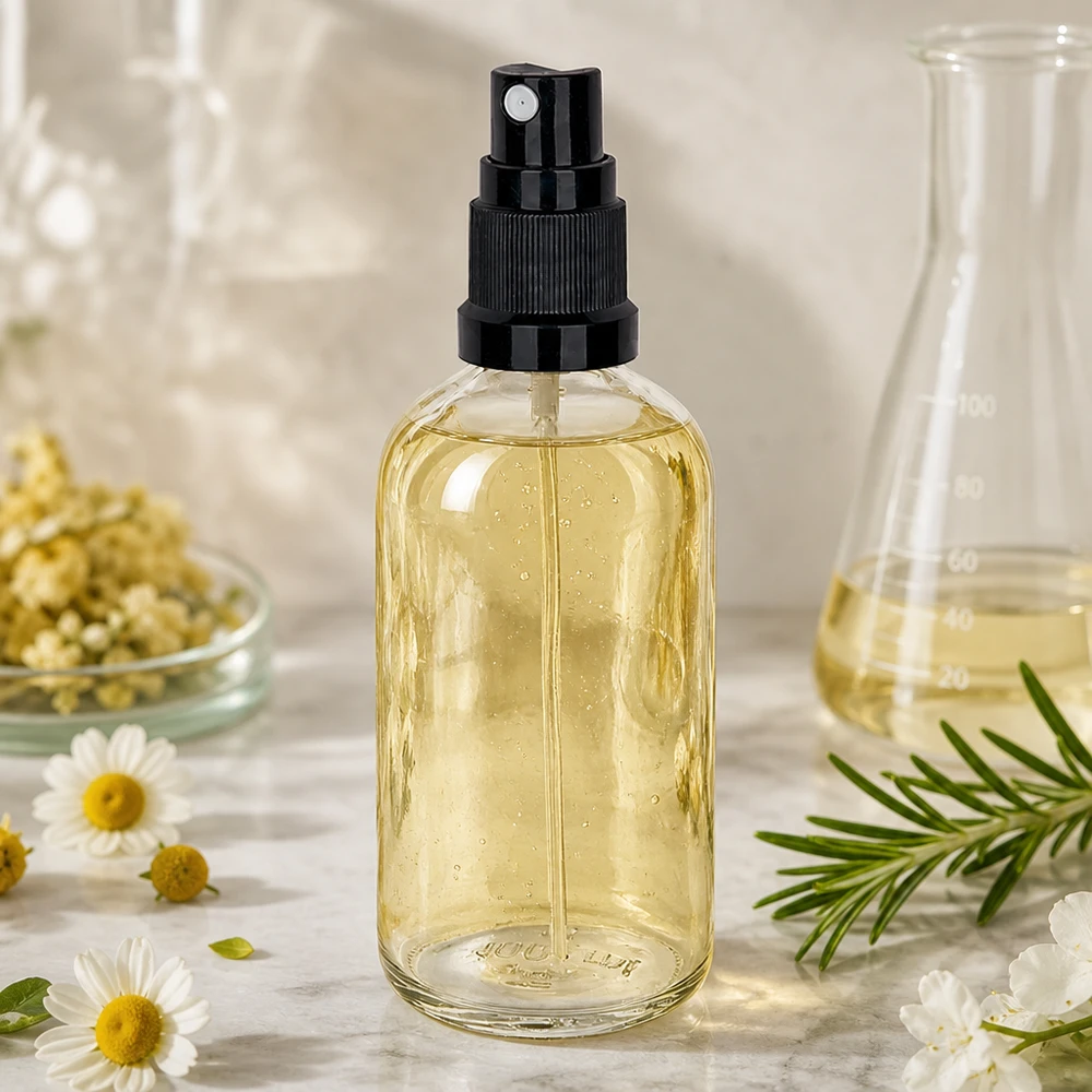 Nachfüllbare Glasflasche 100ml mit schwarzem Sprühkopf für Naturkosmetik Eigenproduktion