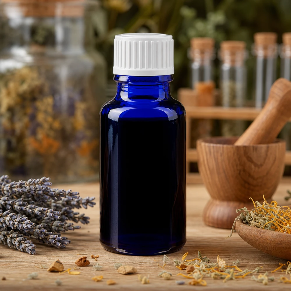 Apothekenflasche blau 20ml Schraubverschluss weiß Globuli Standard Apothekerflasche 20ml blau mit 3mm Tropfeinsatz für medizinische Kräuterextrakte
