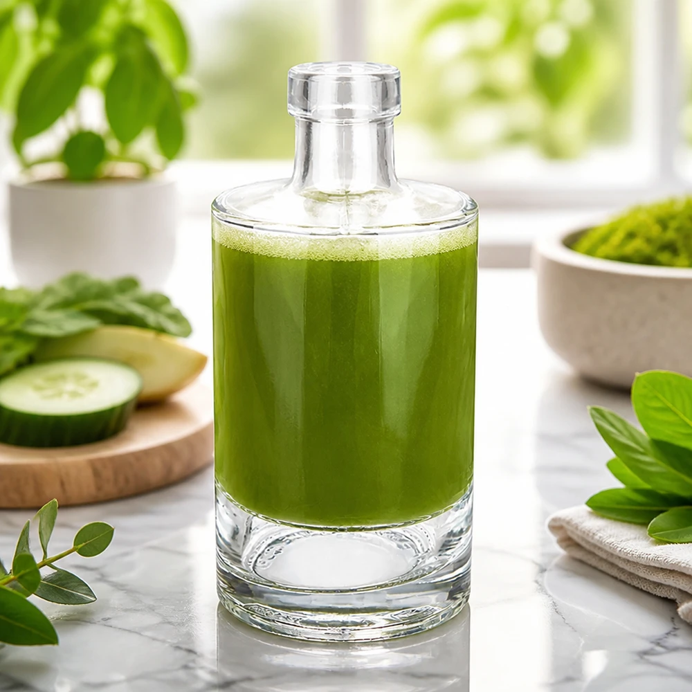 350ml Glasflasche Marie mit grünem Smoothie befüllt neben Gurken und Kräutern gesunde Ernährung Bild 4 von 10