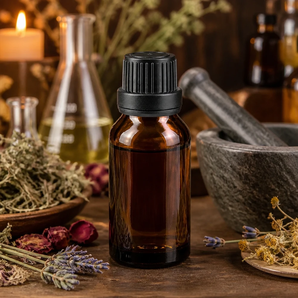 Apothekenflasche braun 15ml Schraubverschluss schwarz Dichteinlage Originalitätsverschluss Aromatherapie Flasche braun 15ml mit Dichtung zwischen Steinmörser und frischen Kräutern auf Holzuntergrund
