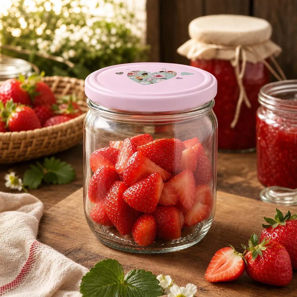 Frische Erdbeerstücke in 425ml Rundglas rosa Herz-Deckel Obstkonservierung Marmeladenherstellung Küche