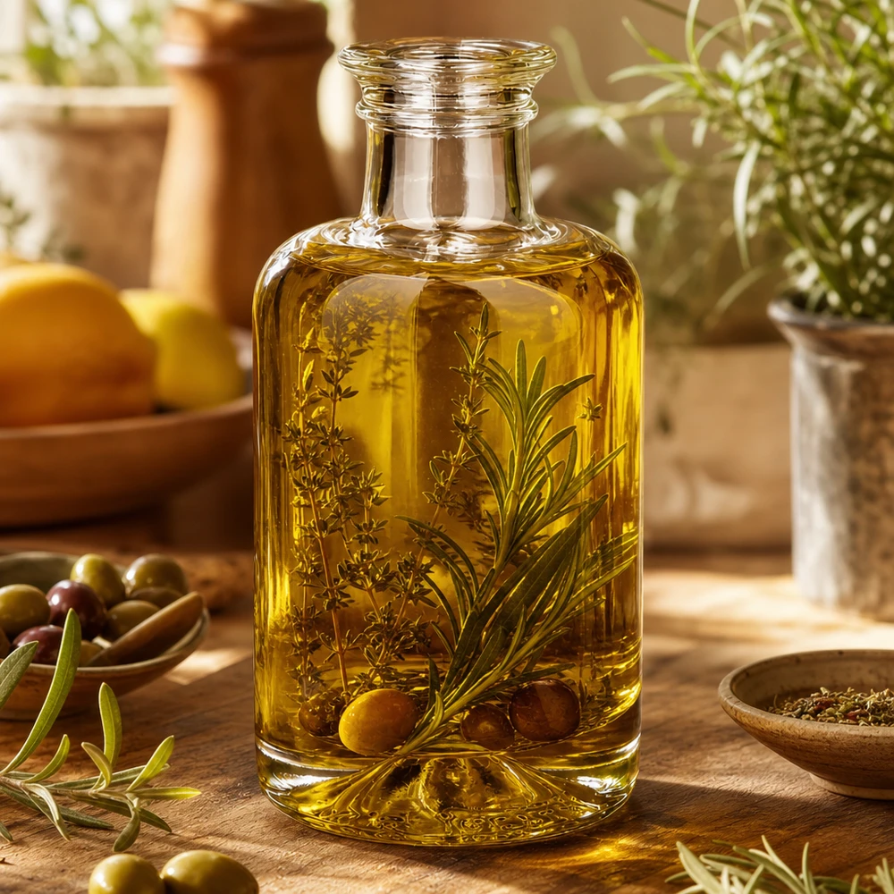 100ml Glasflasche "Sofia" ohne Verschluss UNiTWIST 100ml Glasflasche Sofia mit Kräuteröl befüllt dekorativ arrangiert mit Oliven und frischen Kräutern auf Holztisch