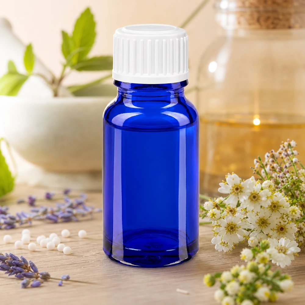 Dunkelblaue Apotheker-Glasflasche 10ml mit Schraubdeckel vor natürlichem Kräuterhintergrund