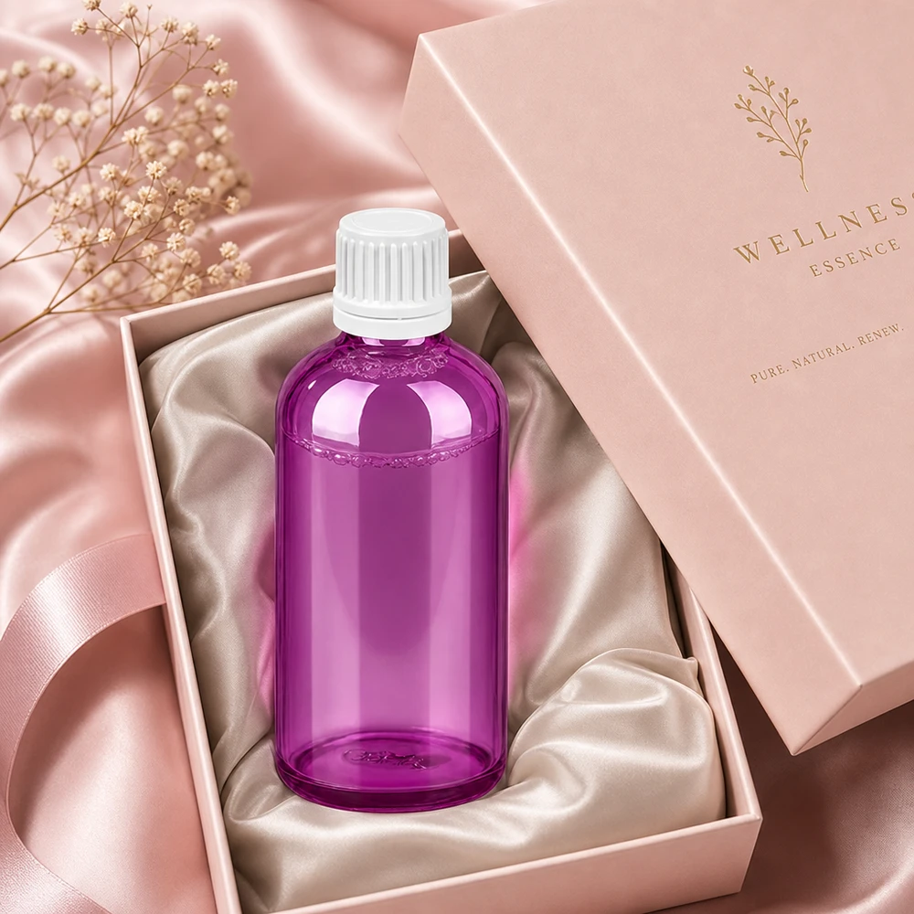 100ml Flasche 11mm Schraubverschluss weiss Originalität Schraubverschlusserschluss PurpleLine UT18/100 Stilvolle 100ml Flasche in Violett mit weissem 11mm Verschluss für hochwertige Beauty-Essenzen