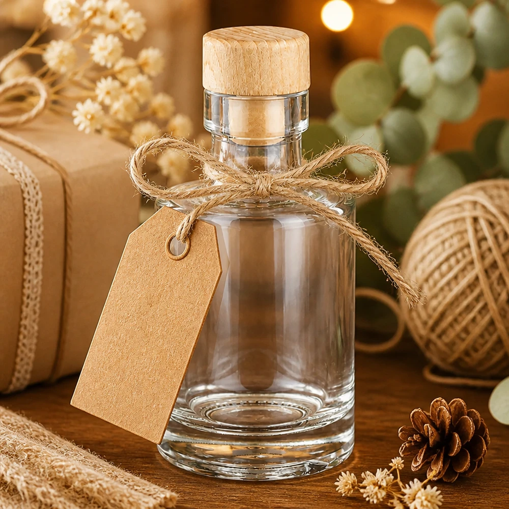 100ml Glasflasche "Marie" mit Holzgriff-Korken UNiTWIST 100ml Glasflasche Marie mit Holzkorken als Geschenk verpackt mit Juteschleife und Geschenkanhänger in rustikaler Dekorat