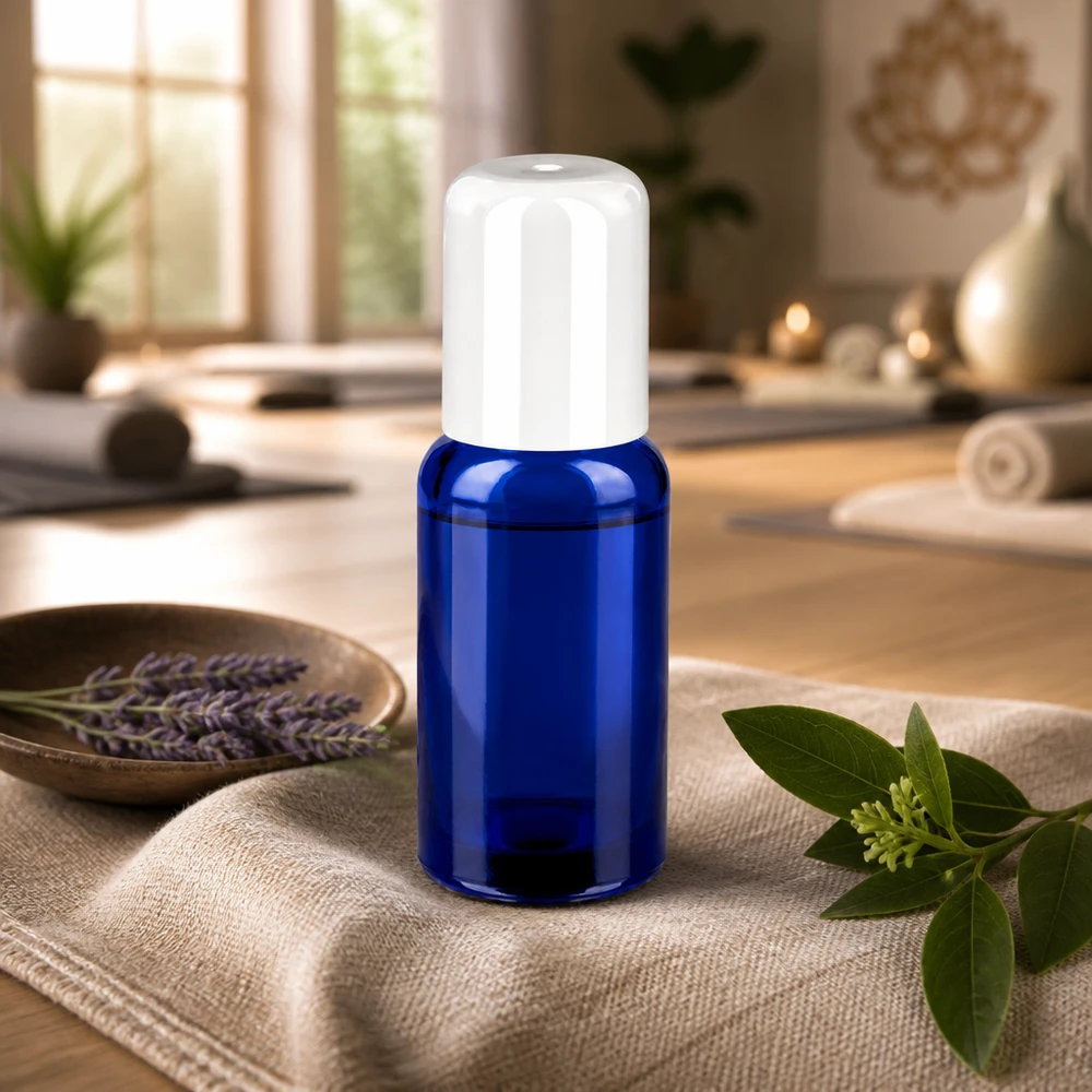 20ml Roll-On Flasche weiß Standardverschluss BlueLine UT18/20 20ml Roll-On Flasche mit UV-Schutz durch blaues Glas und hygienischem weissen Verschluss