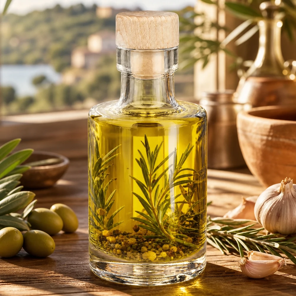 100ml Glasflasche "Marie" mit Holzgriff-Korken UNiTWIST 100ml Glasflasche Marie mit Holzkorken gefüllt mit Kräuteröl Rosmarin Pfefferkörner neben Oliven und Knoblauch mediterra