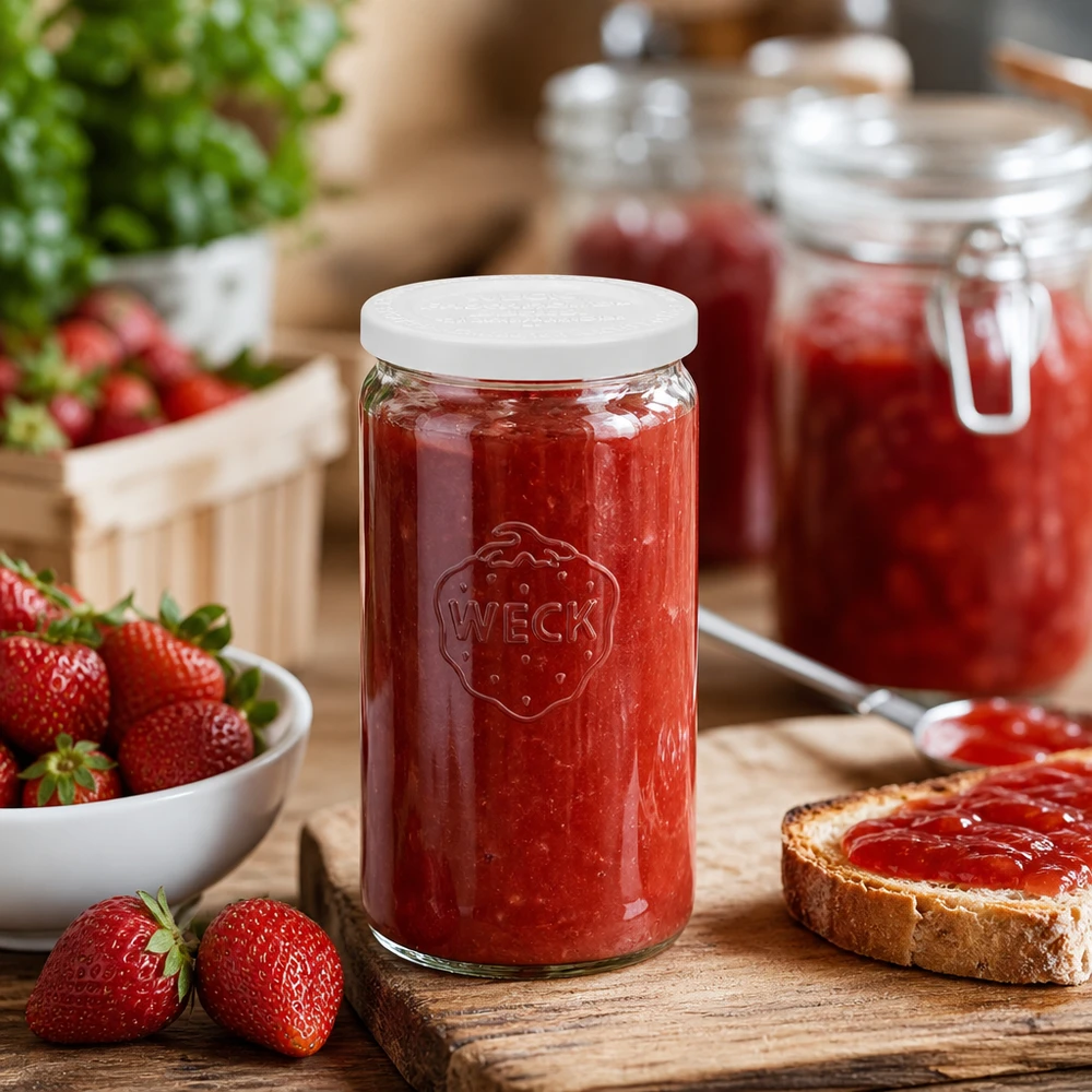 340ml Zylinderglas mit Frischedeckel WECK RR60 WECK Zylinderglas 340ml mit Erdbeermarmelade gefüllt in rustikaler Küche mit frischen Erdbeeren und Brot