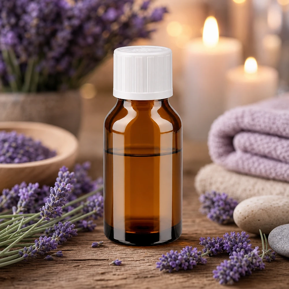 Apothekenflasche braun 15ml Schraubverschluss weiß Kindersicherung Standard Kompakte Tropfflasche 15ml braun mit weißem Verschluss neben Lavendel und Massagesteinen