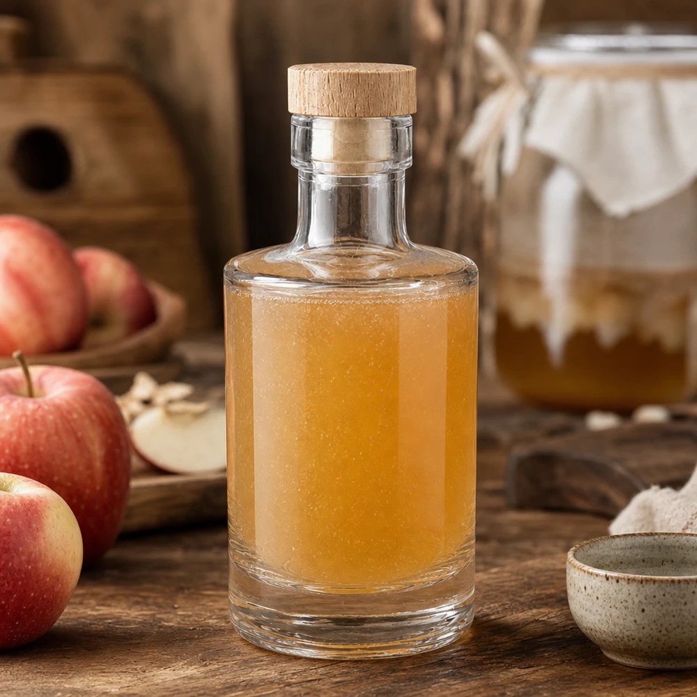 200ml Glasflasche "Marie" mit Holzgriff-Korken UNiTWIST 200ml Glasflasche Marie mit Apfelessig befüllt, Holzkorken-Verschluss, rustikale Küchendeko mit frischen Äpfeln