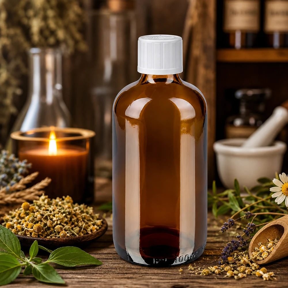 100ml Braunglasflasche weißer Verschluss 11mm Apotheke mit Kamillenblüten Lavendel Naturkosmetik
