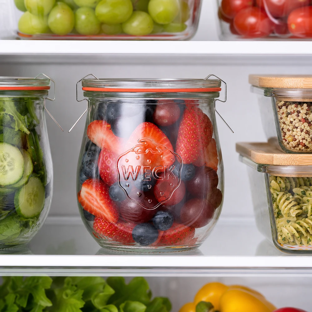 220ml Tulpenglas komplett WECK RR60 WECK Tulpenglas 220ml RR60 mit frischen Beeren im Kühlschrank neben Salat und Pasta luftdicht verschlossen