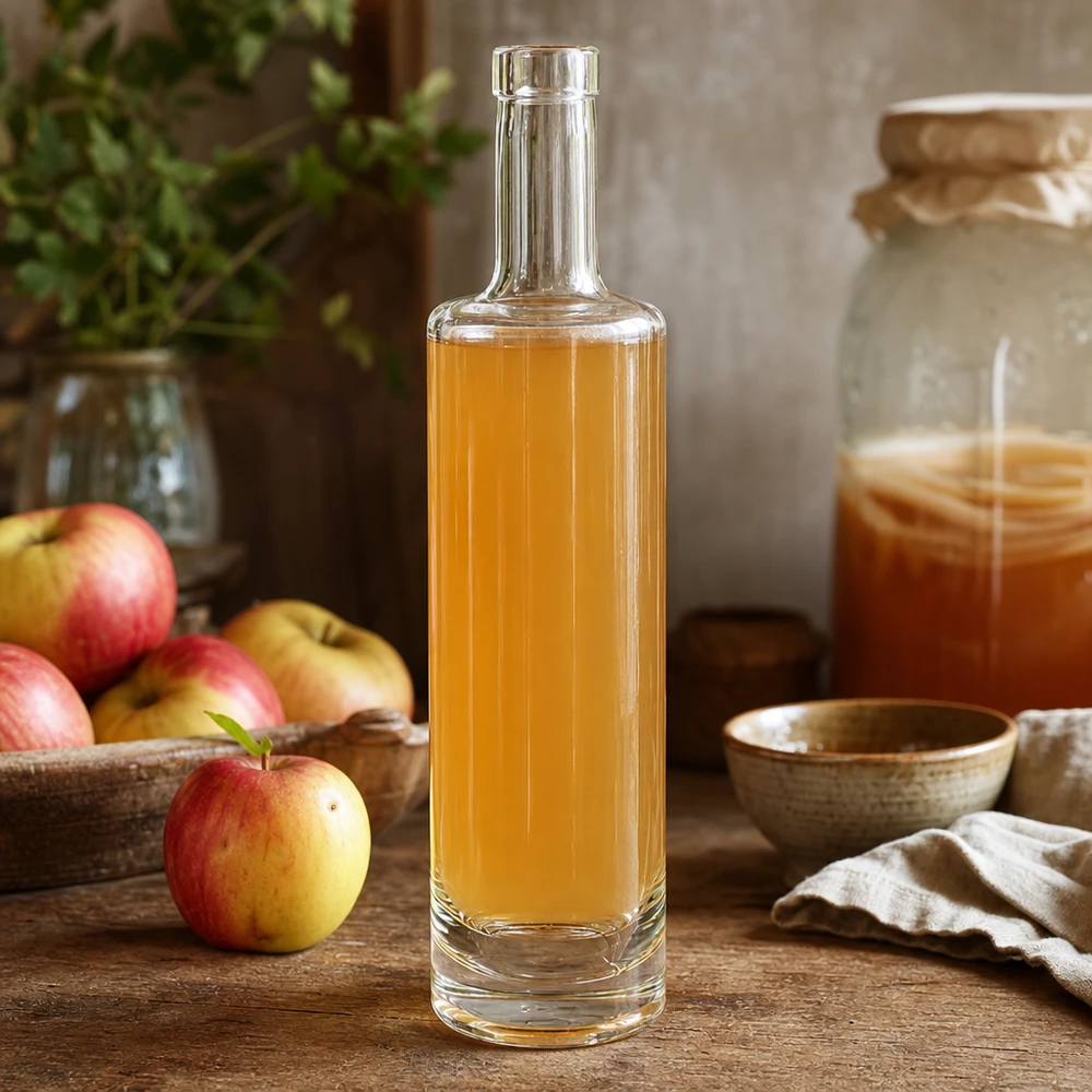 500ml Glasflasche "Centurio" ohne Verschluss UNiTWIST® 500ml Glasflasche Lina mit goldenem Apfelsaft gefüllt in rustikaler Küchenszene mit frischen Äpfeln und Honig